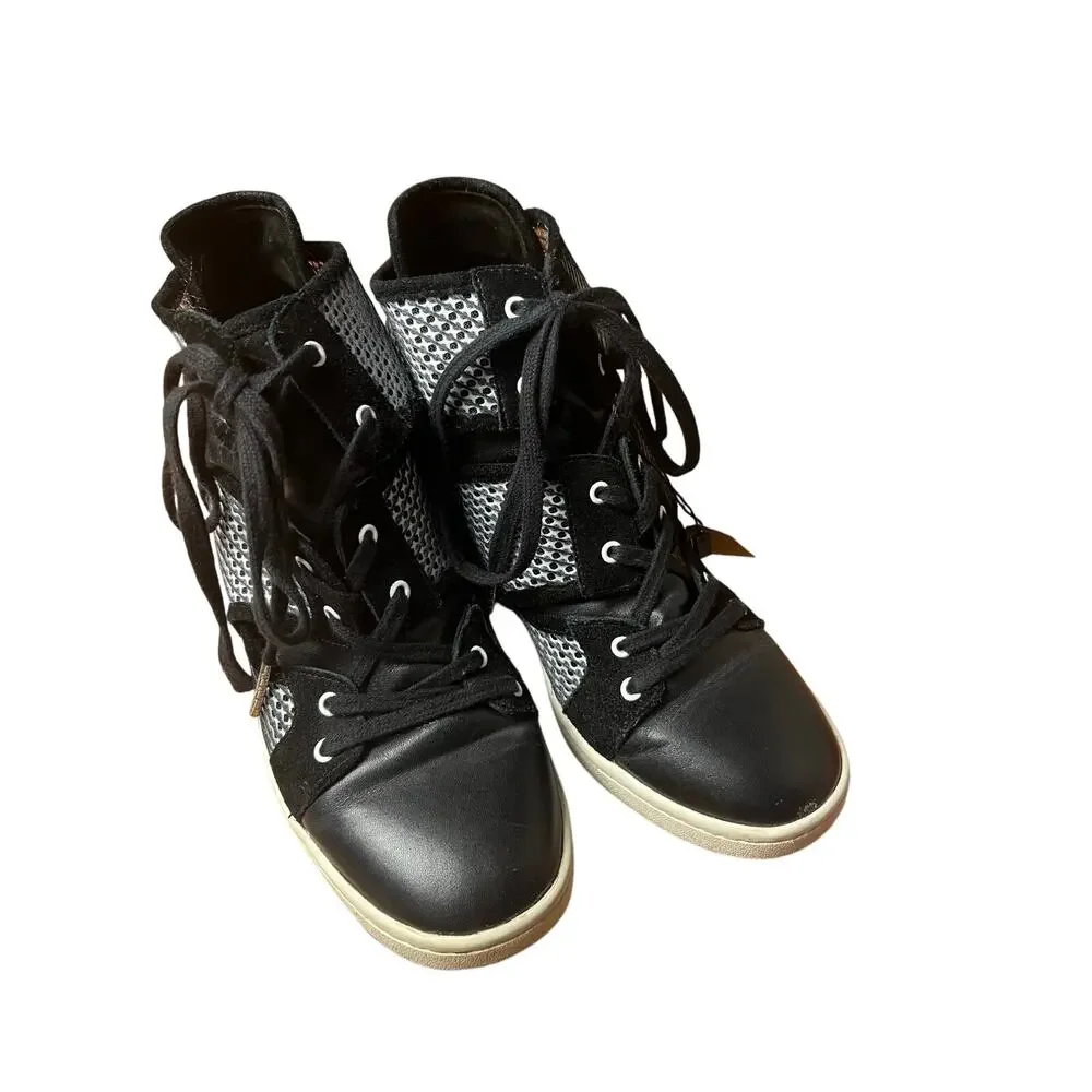 L.A.M.B. Black Leather Mesh Lace Up Wedge Sneakers Size 7